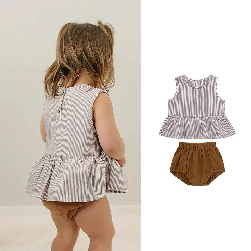 

EnkeliBB Baby Girl Summer Clothes Sets Striped Blouse and Brown Bloomers Cute Infant Girl Outfits