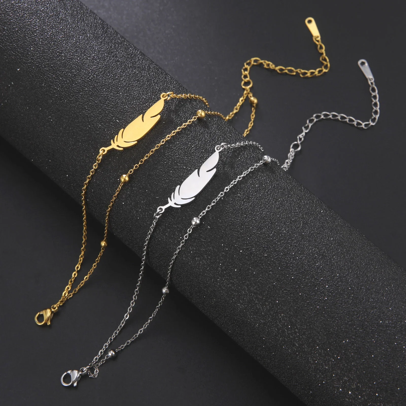 Simple Feather Stainless Steel Double Layer Bead Chain Ankle Anklets For Women Men Gold Silver Metal Anklet Daily Jewelry