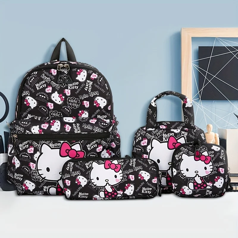 Hello Kitty 4pcs Backpack Set - Adjustable Straps, Zip Closure, Anime Print Design with Crossbody Bag, Pencil Case & Coin Purse