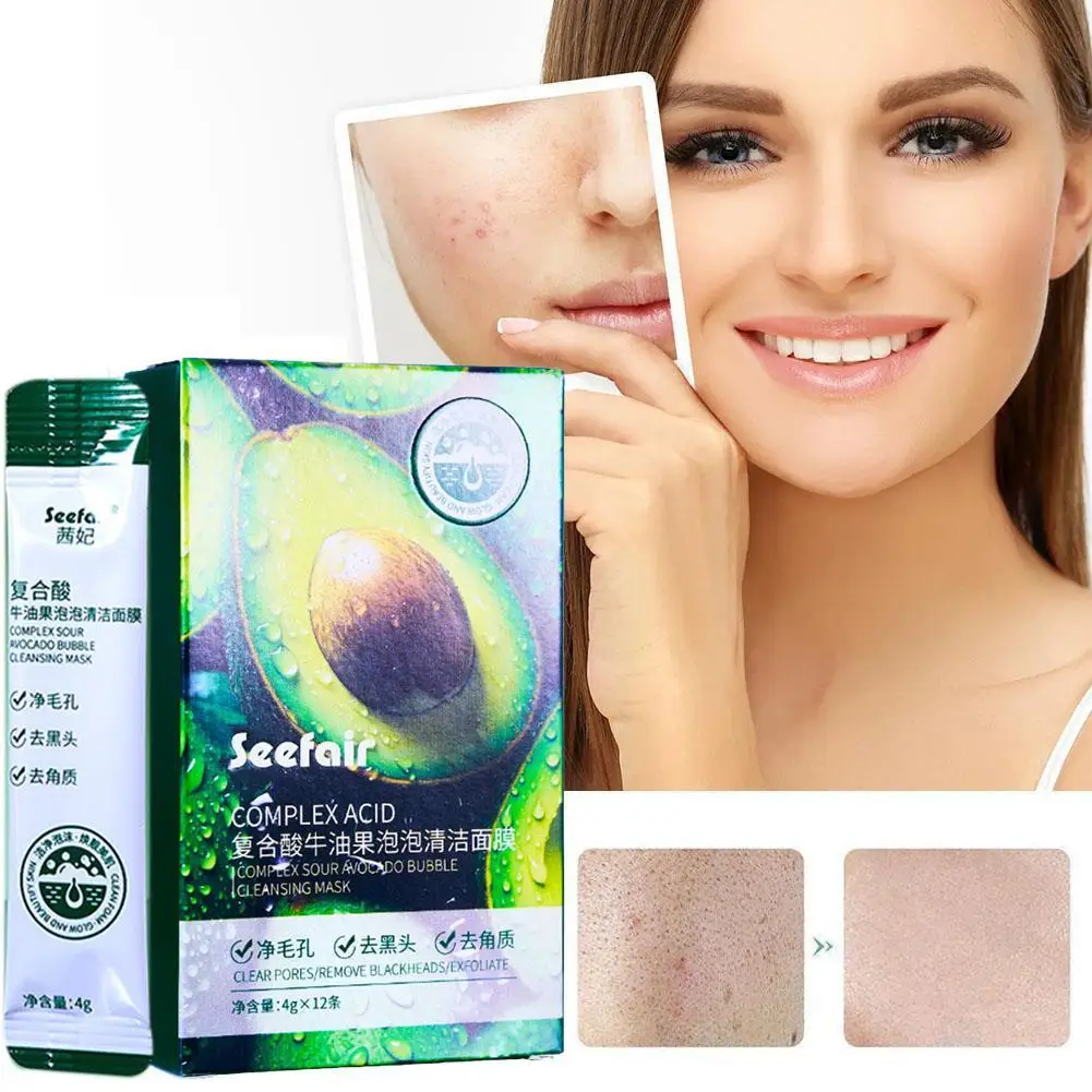 12pcs/box Complex Sour Avocado Bubble Mask Cleansing Deeply Self Care Foaming Mask, Pores, Shrinks Product Skin Exfoliates