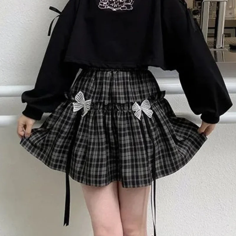 

Kawaii Gothic Lolita Plaid Skirt Women Goth Bow Black High Waist A-line Mini Skirts Japanese Style Harajuku Soft Girl CY196