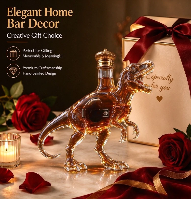 Creative Dinosaur Sculpture Glass Whiskey Decanter, Clear Crystal Liquor Bottle for Spirits Bourbon Brandy, Home Bar Decoration