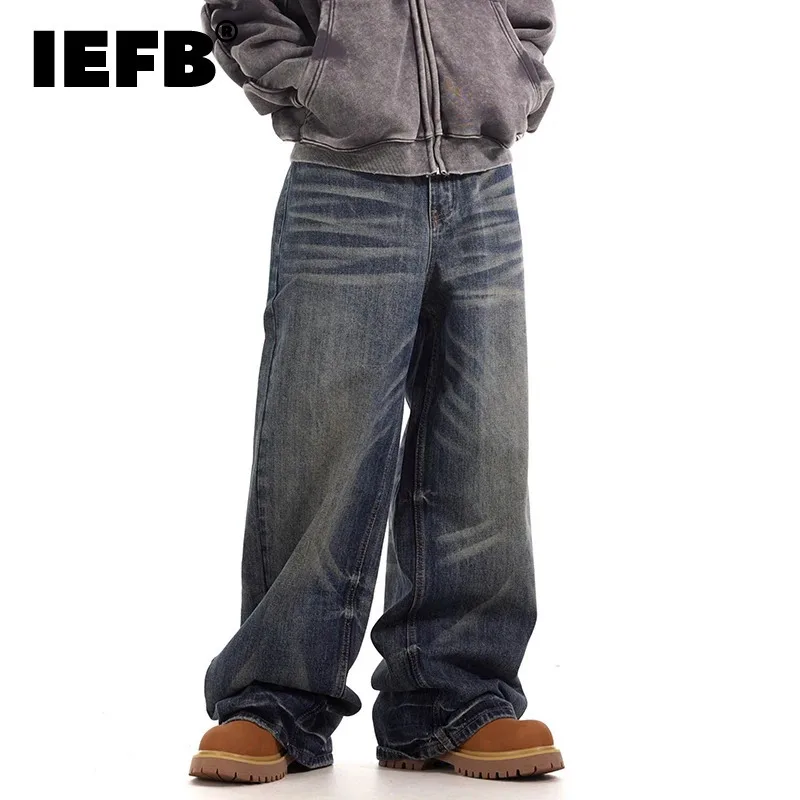 IEFB American Vintage Washed Loose Straight Jeans Cleanfit Casual Denim Pants Moustache Effect Men's Tide Trousers New  28W5833