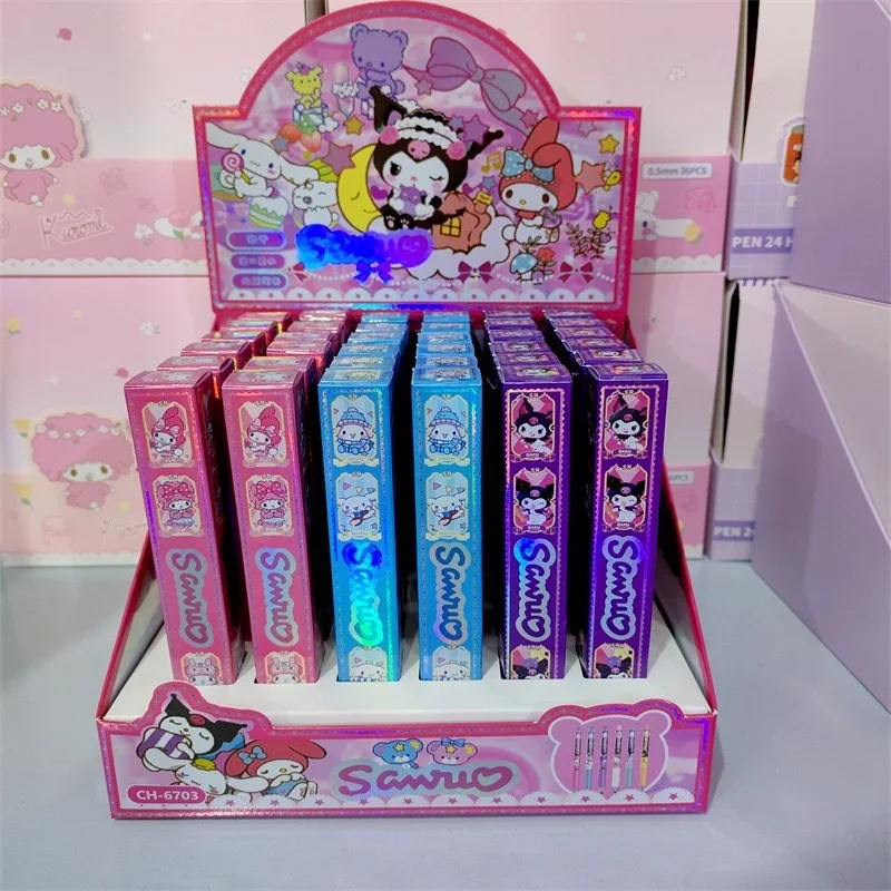 Imagem -06 - Sanrio Kuromi Minha Melody Caneta Gel 3d Dynamic Laser Color Box Clip de Aço Black Signature Pen Papelaria Novo 36 Pcs