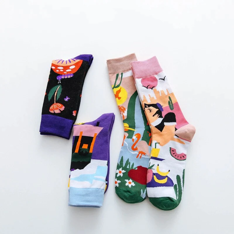 1 Pair Colourful Print Women Socks Fashion New Trend Harajuku Style Streetwear Socks Breathable Suit In All Seasons