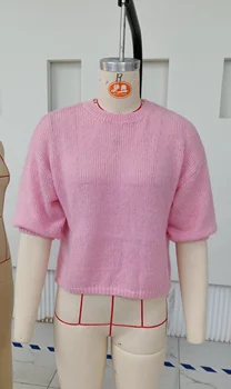 Imcute 女士休閒毛衣短袖圓領針織露臍上衣 Y2k 女孩套頭衫針織衫復古街頭風 10 最佳銷售 女士短袖毛衣 - №1