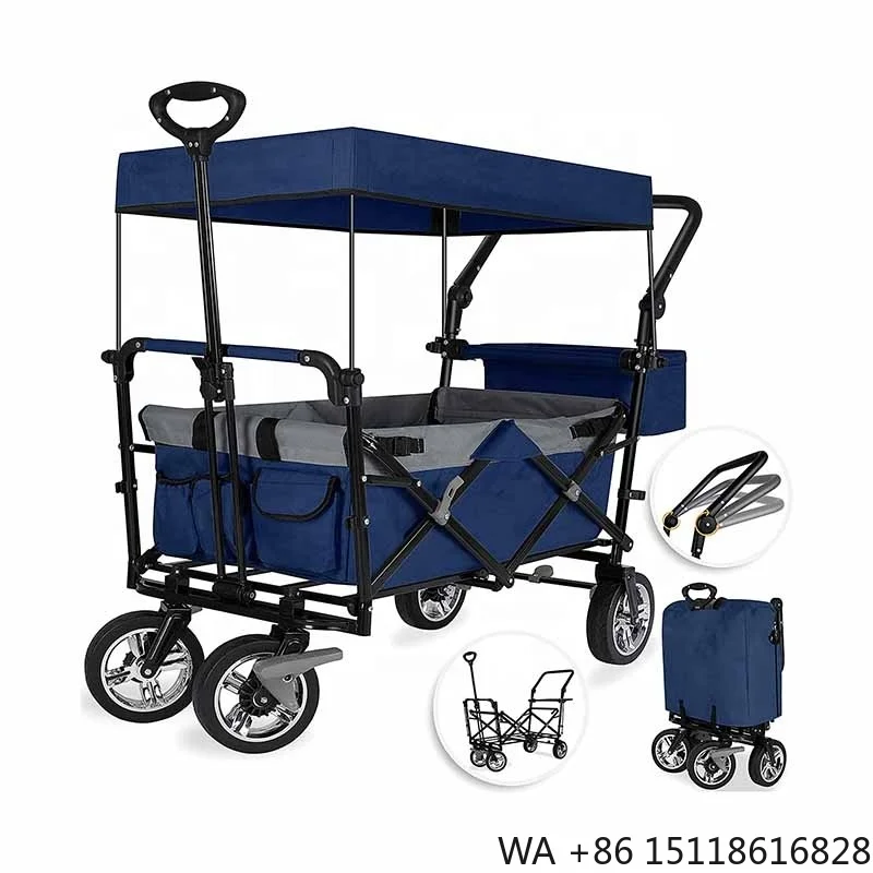 Outdoor Collapsible Foldable Beach Trolley Camping Wagon Trolley Folding Wagon Foldable Wagon with Canopy
