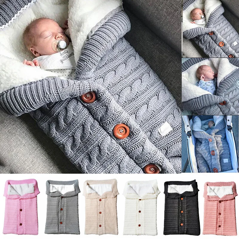 Baby Winter Warm Sleeping Bags Infant Button Knit Swaddle Wrap Swaddling Stroller Wrap Toddler Blanket Sleeping Bags