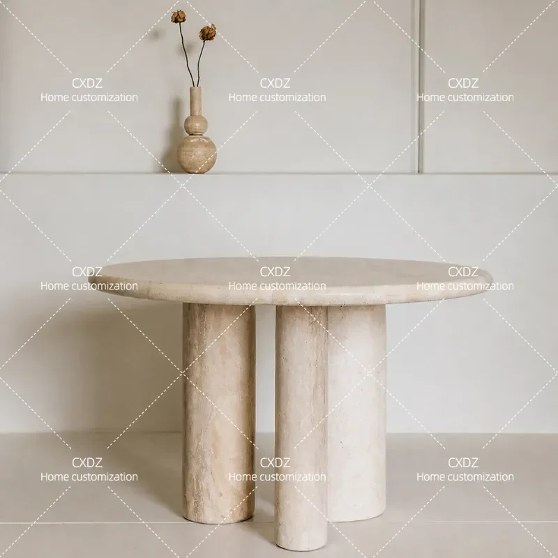 Nordic Simple Natural Travertine Round Dining Table Wabi Sabi Style Small Apartment Marble Light Luxury Furniture