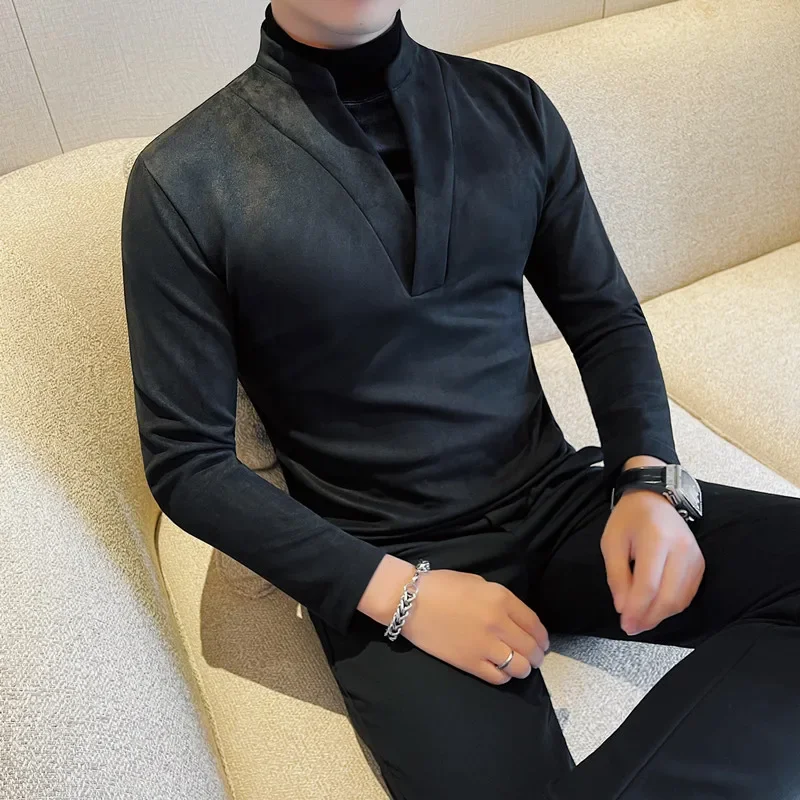 Fashion Fake Two Long Sleeved T-shirts 2024 Autumn Winter New Solid Color Business Slim Fit Casual Tees Men Clothing 4XL-M