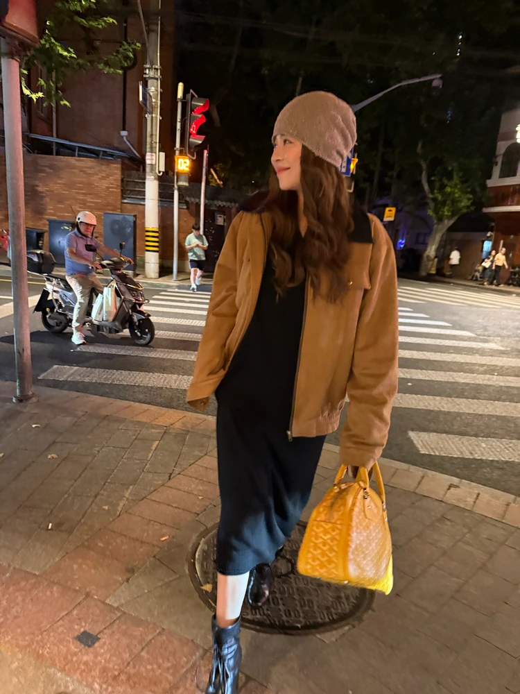 

3ts American Retro ort Suede Workwear Jaet Brown Barn Sle Casual Patchwork Collar Outerwear Women's Faion Autumn Coat