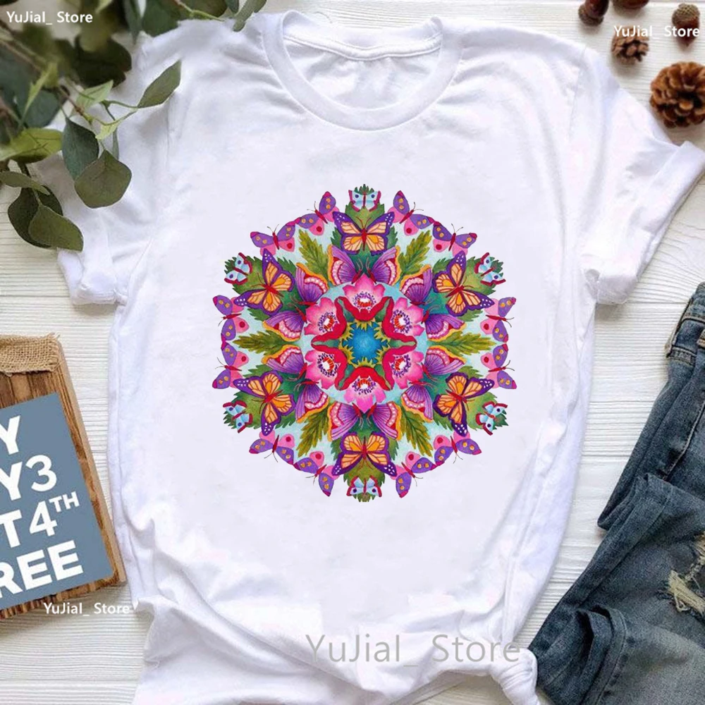 Summer Fashion Tshirt Girls Colorful Butterfly Meditation Print Tshirt Women Harajuku Shirt Art Aesthetic Clothes White T-Shirt