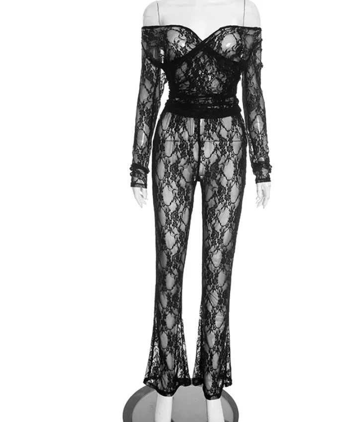 الدانتيل الجوف خارج الكتف قطعة واحدة الخريف الشتاء عالية الخصر Bellbottom السراويل مجموعة مع طوق الخصر للنساء