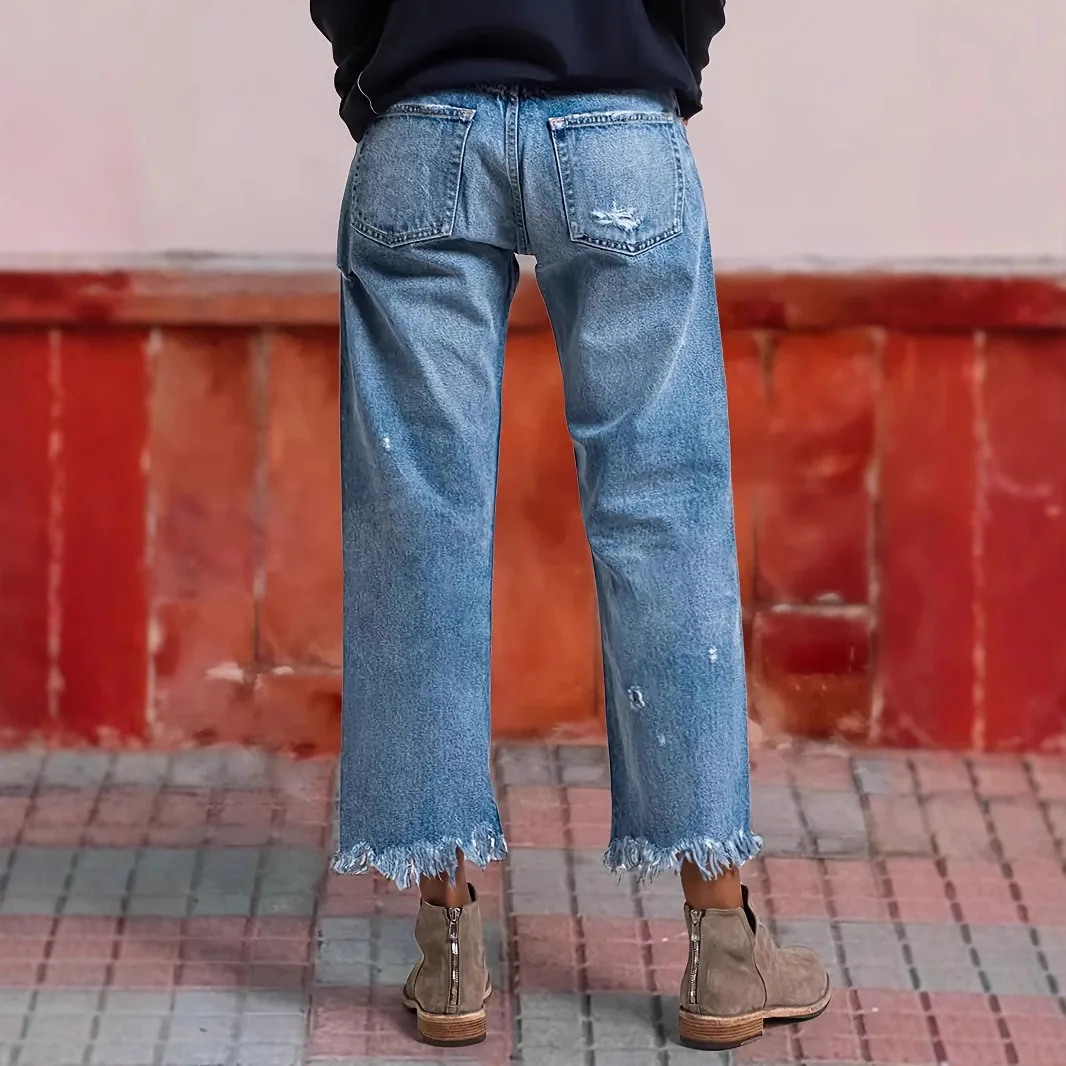 Jeans Women Straight Pants Hole Washed Distressed Mid Waist Tassels Pockets Streetwear 2025 Denims Ankle Length Trousers