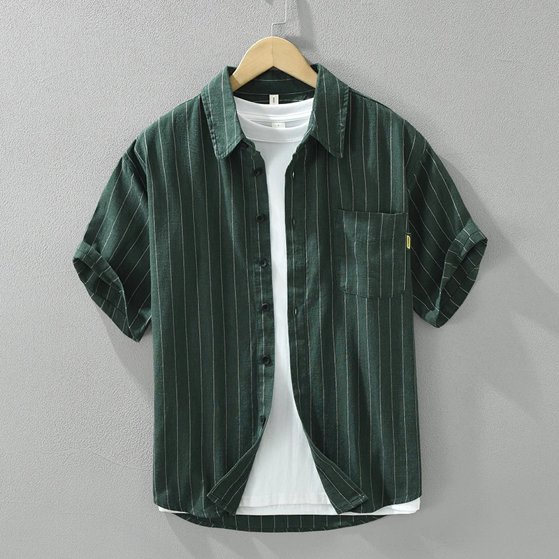 

2026 Summer New Vintage Striped Linen Cotton Short Sleeve Shirts for Men Clothing Soft Thin Breathable Streetwear