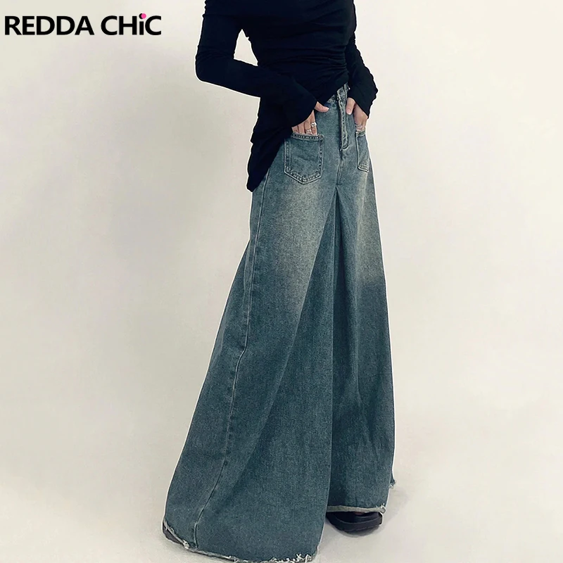 

REDDACHiC Oversized Denim Wide Leg Pants Women Casual Solid Washed High Waist Raw Edge Pleated Baggy Jeans Retro Female Clothes