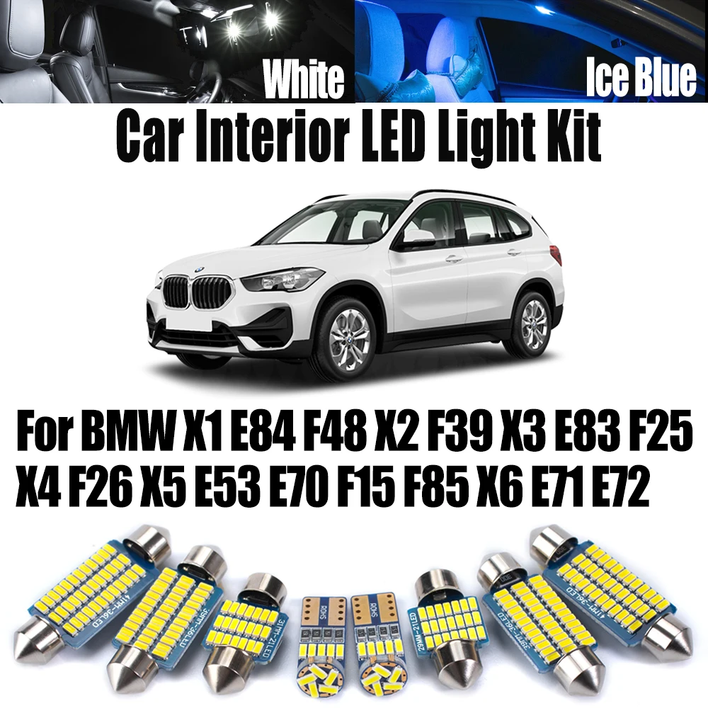 

Для BMW X1 E84 F48 X2 F39 X3 E83 F25 X4 F26 X5 E53 E70 F15 F85 X6 E71 E72 Автомобильный светодиодный комплект внутреннего купольного освещения багажника Потолочный Canbus