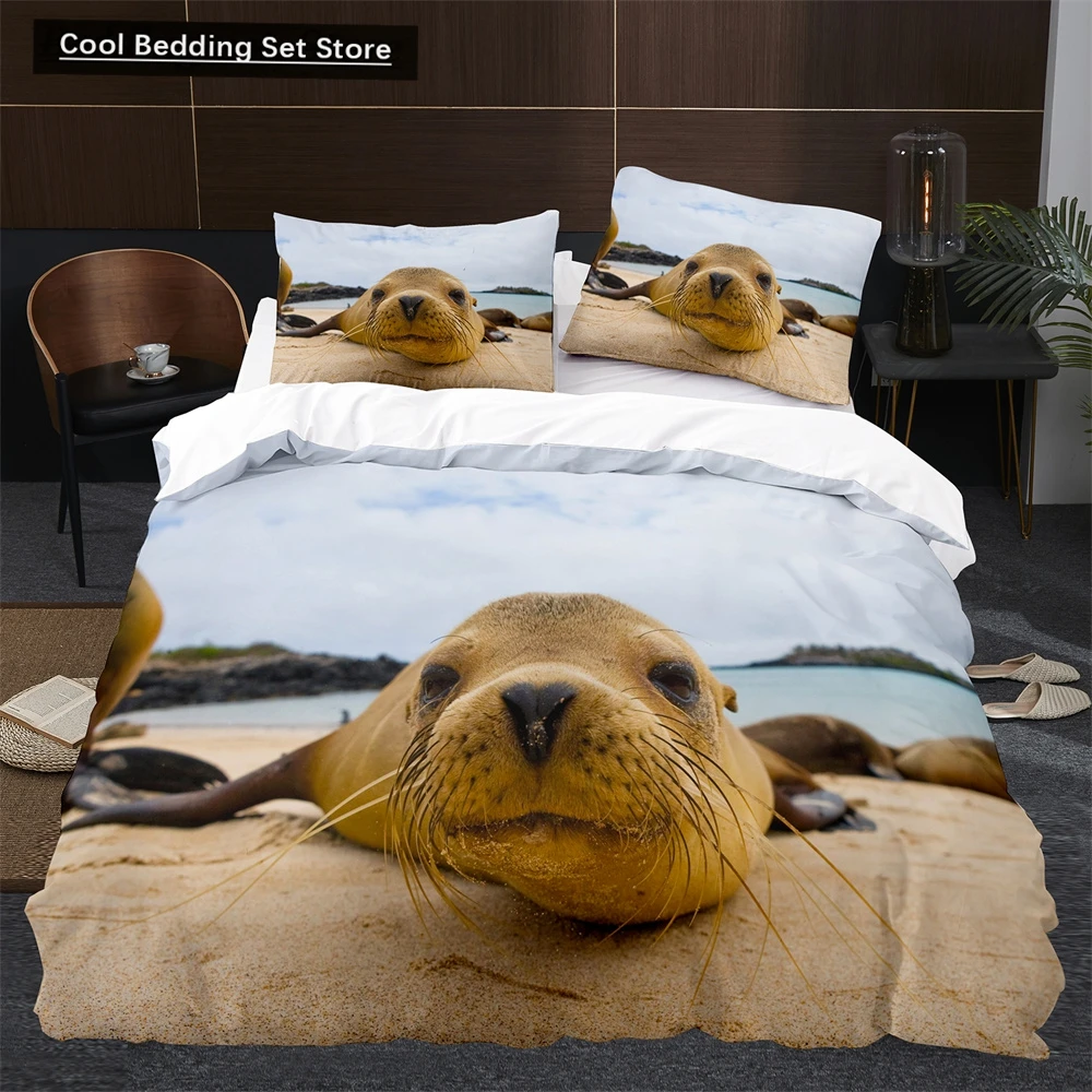 

Sea Lion Duvet Cover King Queen Size Lovely Ocean Animals Bedding Set for Kids Boys Girls Blue Sea Beach Polyester Quilt Cover