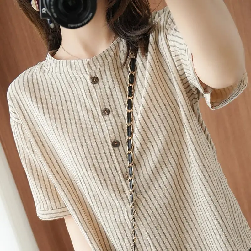 Women Summer Simplicity Loose Striped Cotton and linen O-neck short sleeve Shirts Ladies office Lady All-match Appear thin tops