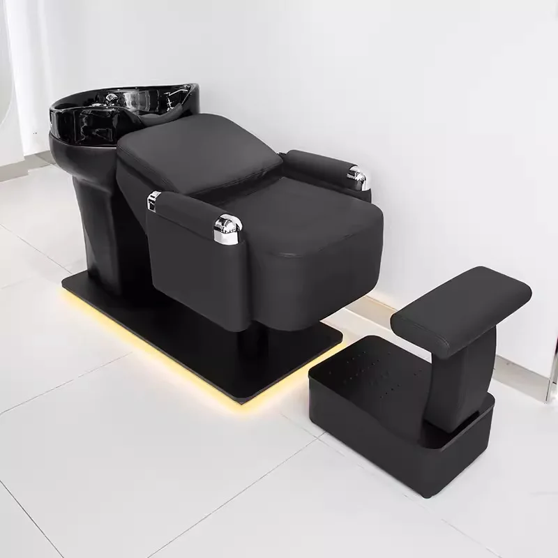 سرير شامبو لصالون الحلاقة، سرير دافق شبه مستلق، سرير لكمة شعر عميق من السيراميك المقاوم للصدأ عالي الجودة