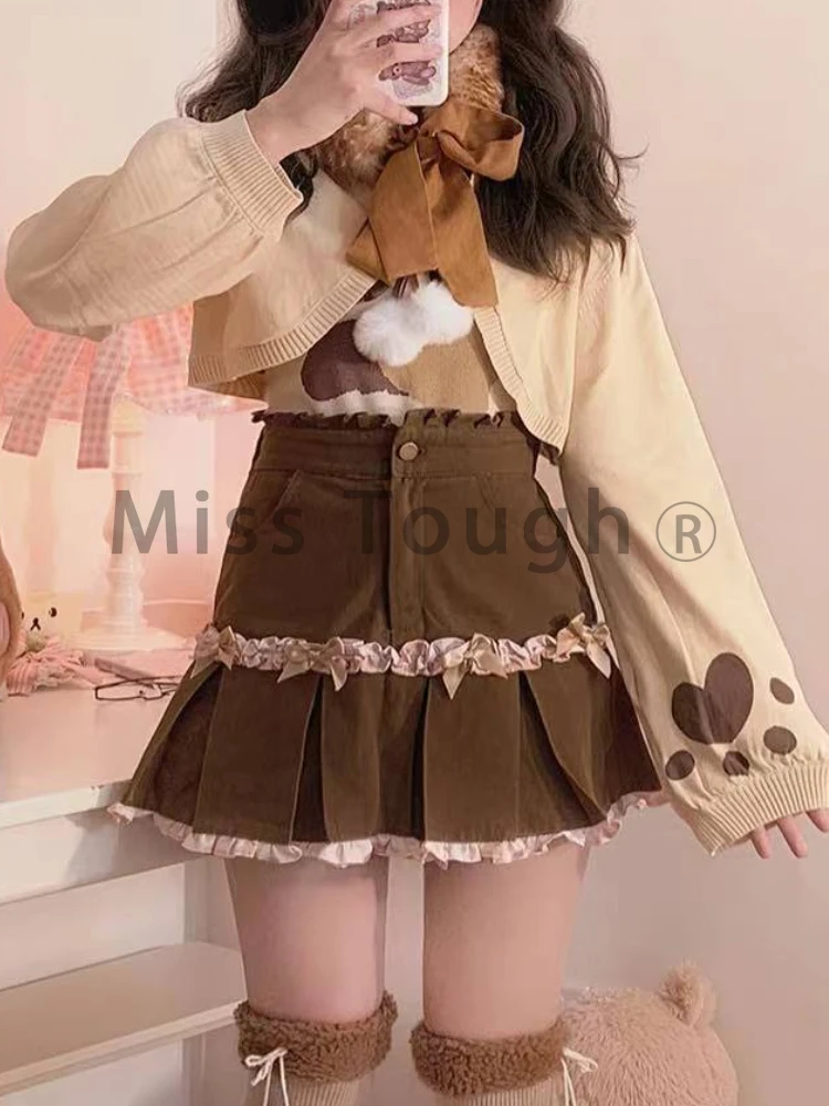 Brown Japanese Lolita Two-piece Tops Women Slim Sweet Kawaii Top Suit Female Autumn Bow Knit Vest + Long Sleeve Casual Cardigan