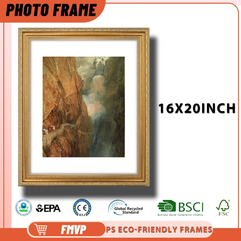 

16x20 Gold Ornate Photo Frame with Mountain Motif Carvings Perfect for Nature Inspired Living Room Decor Picture Frame