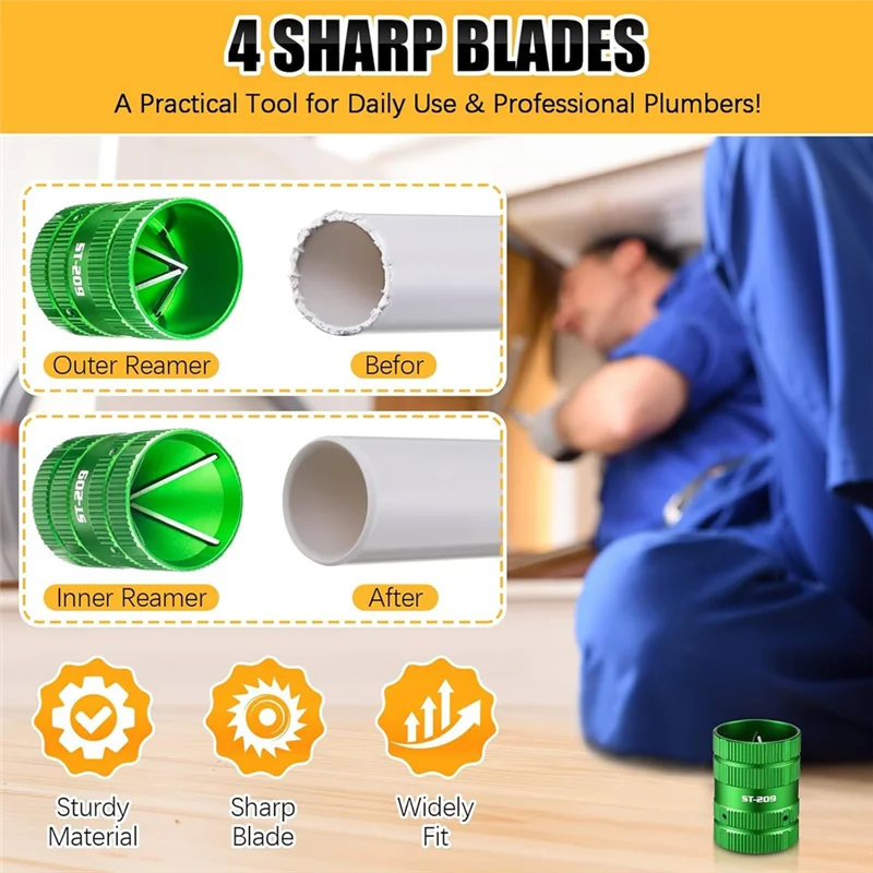 

Развертка для металлических труб от 1/4 до 1-5/8 дюйма для медных/ПВХ труб, глубиномер от 1/4 до 1 дюйма, набор сантехнических инструментов для снятия заусенцев-A79G