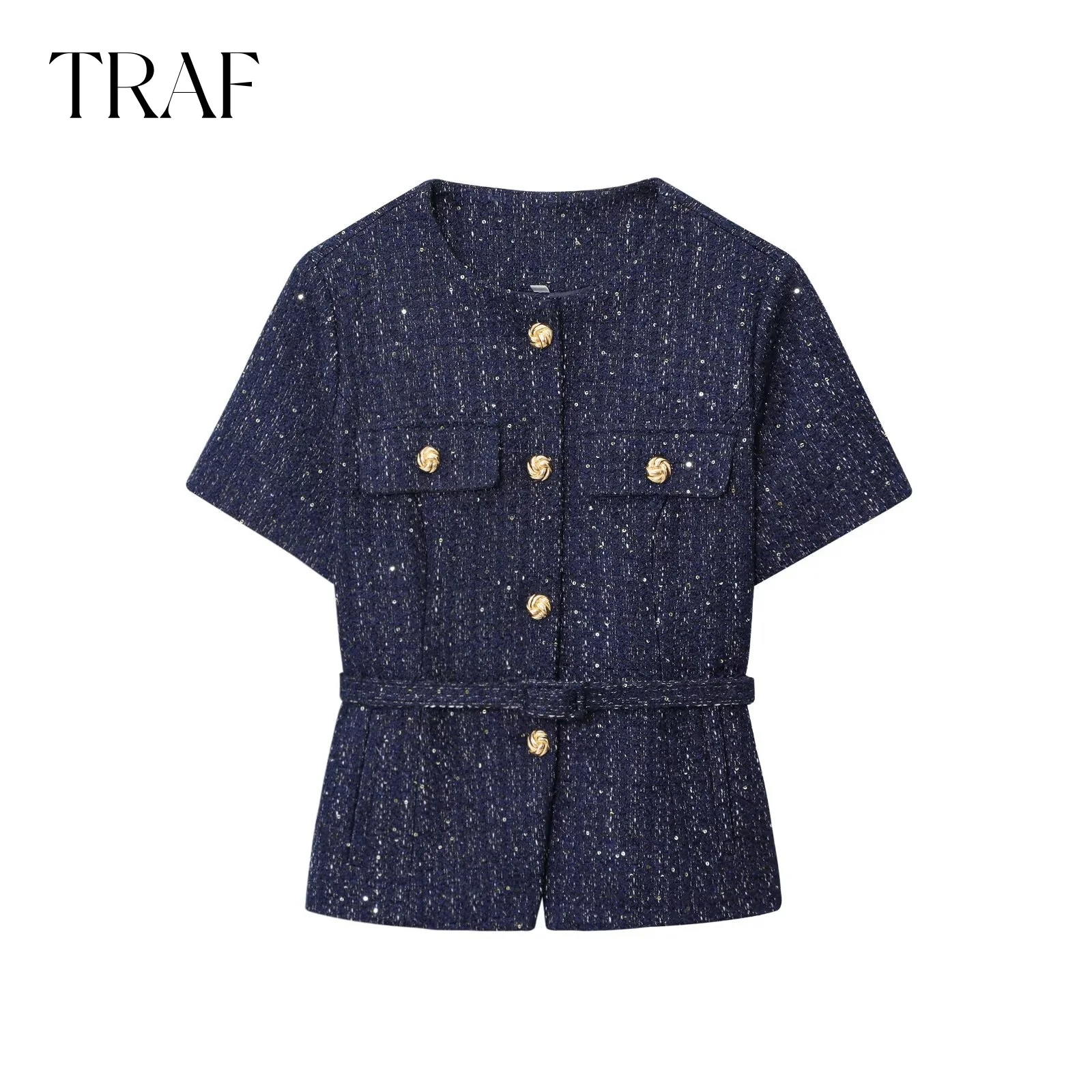 

TRAF маленькая куртка с ароматной текстурой, осень 2021, новый ремень с клапаном и карманом, круглый вырез, золотой однобортный шикарный короткий пиджак