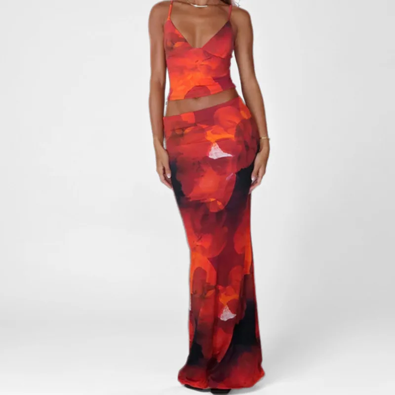 

TOY-2025Spring New Women's Fashion Print SexyVV-neck Slim Fit Vest Dress Set