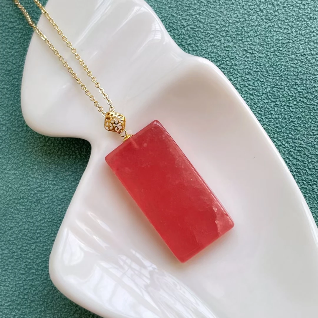 Natural Red Rhodochrosite Pendant Necklace Rectangle  Jewewlry 27*14mm 18K Gold Argentina Love Best Gift Women Men AAAAA