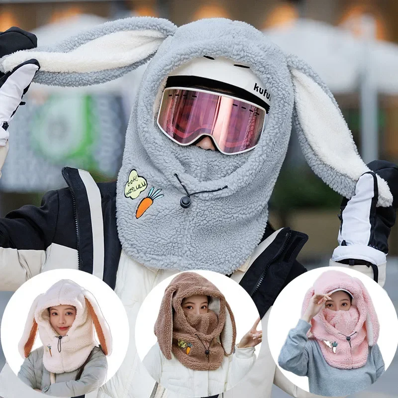 Winter Warm Ski Helmet Cover Comfortable Soft Fleece Skiing Cap Scarf Warmer Cartoon Cute Rabbit Ear Decorative Helmet Cover Hat