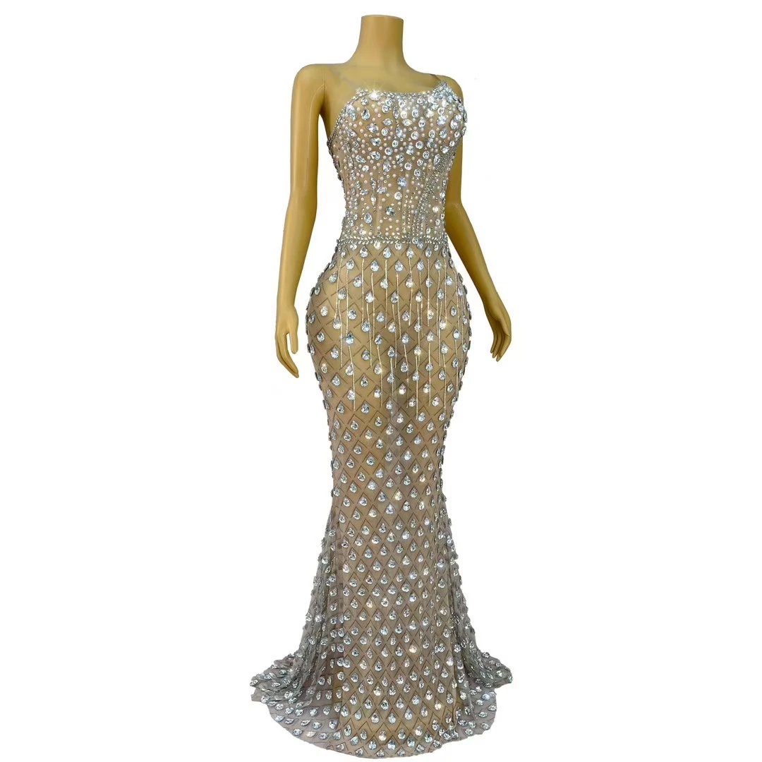 High-end Dinner Party Elegant Evening Dress Wedding Prom Luxurious Sparkly Rhinestone Evening Gown  Women Club Dance Maxi Dress