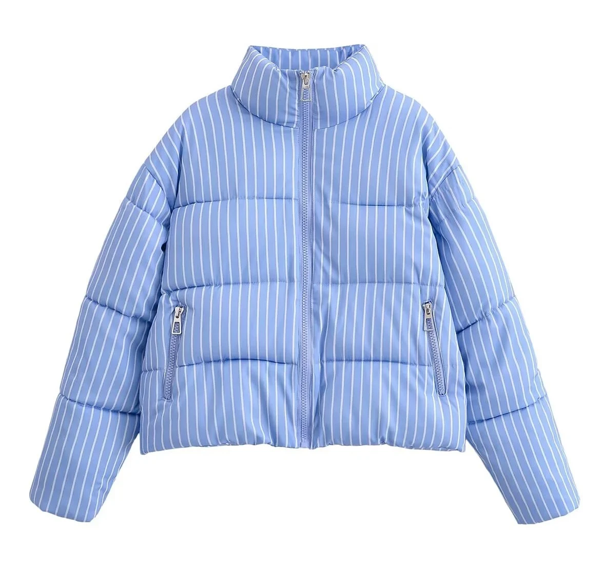 

Зимняя новая женская повседневная модная простая свободная универсальная хлопковая куртка в сине-белую полоску с длинными рукавами