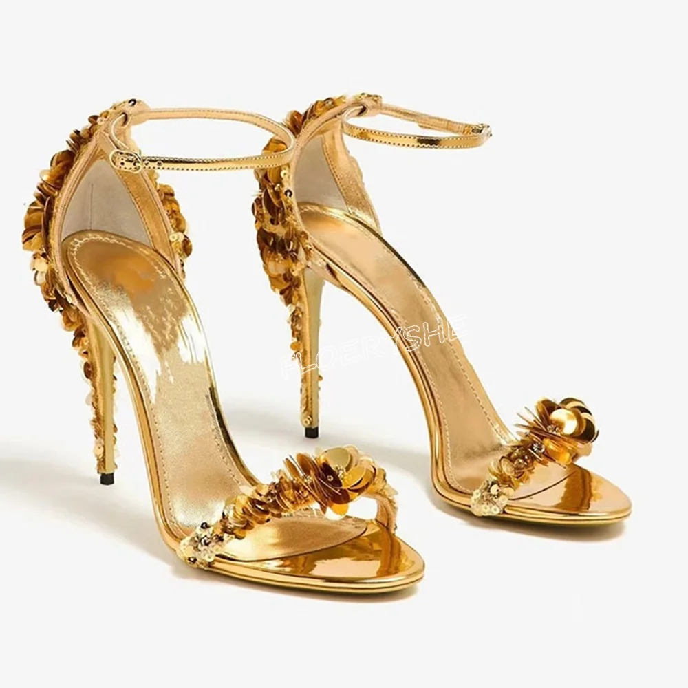 

Custom Gold Sequin Stiletto Sandals Summer Luxury New Arrival Solid Women Round Toe Thin High Heel Dress Sexy Dress Black Shoes
