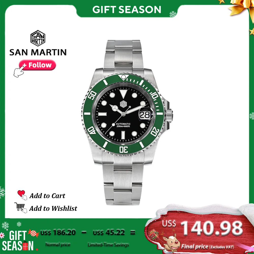 San Martin 40 mm Sub-Taucheruhr, luxuriöse NH35 mechanische Uhren für Herren, Business, leuchtendes Saphirglas, wasserdicht, 20 Bar, SN0017B