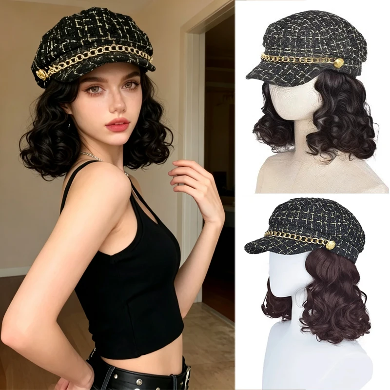 Women's 12 Inch Short Wavy Synthetic Hat Wig 2 in 1 Heat Resistant Fiber Short Curly Wig Fashion Daily Wear Ladies Cap Wig