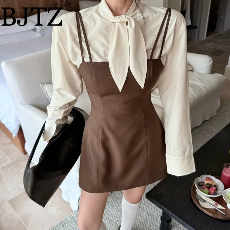 

BJTZ модное платье-бретелька, комплект рубашки для женщин, весна-осень 2022, новый контрастный цвет, рубашка с шарфом и воротником + платье на бретелях, женский комплект