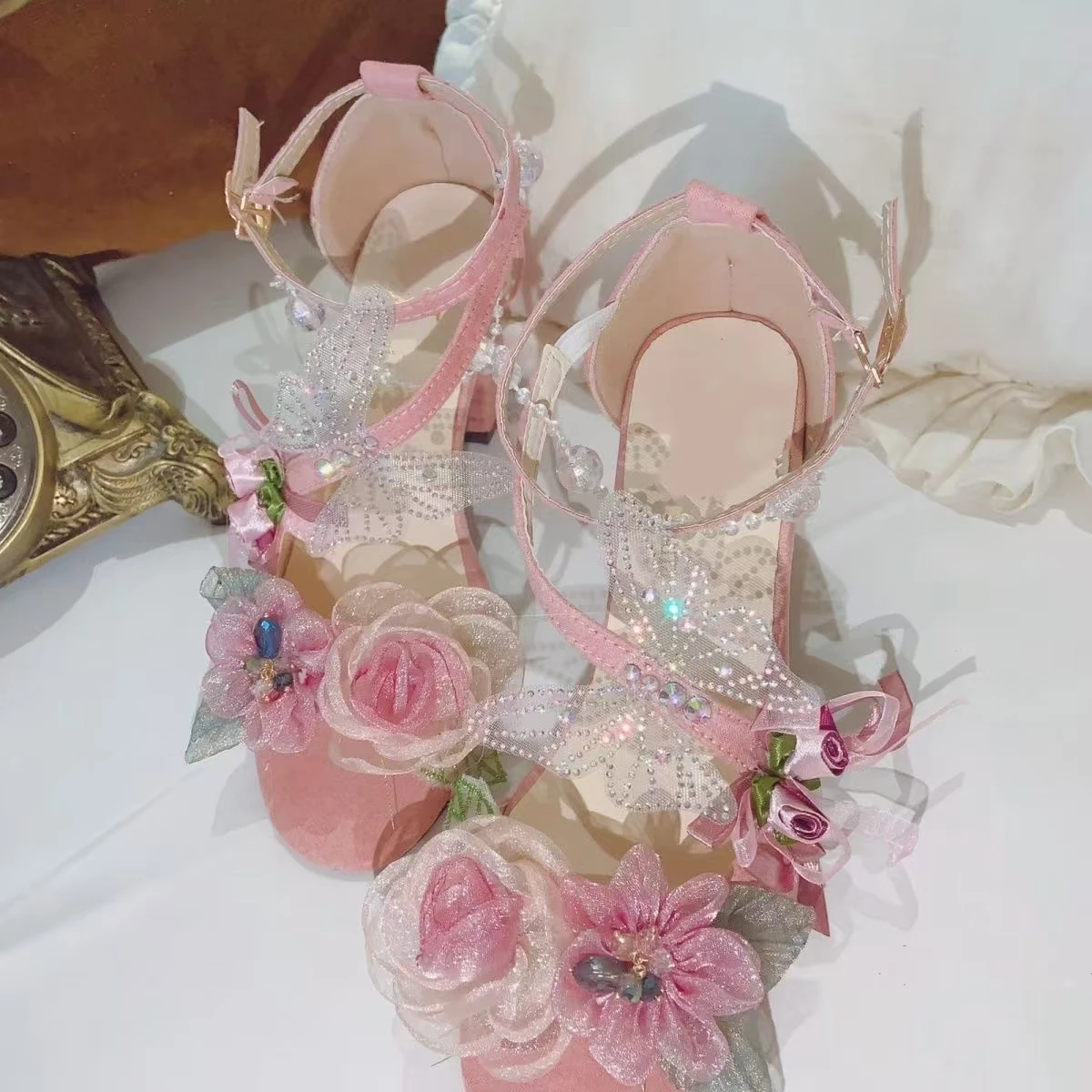 

Luxury pearl flower rhinestone beaded sandals handmade custom-made pink comfortable heels 35-39
