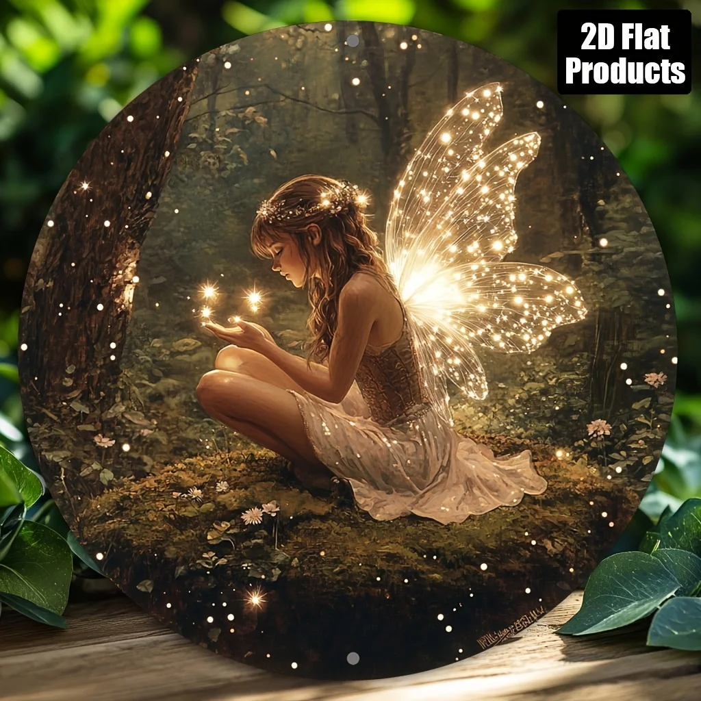 2D Flat, 1 Stück Fairy Girl 2D Flat Print – bezauberndes rundes dekoratives Schild aus Aluminium und Metall, 20,32 x 20,32 cm, skurrile Waldszene