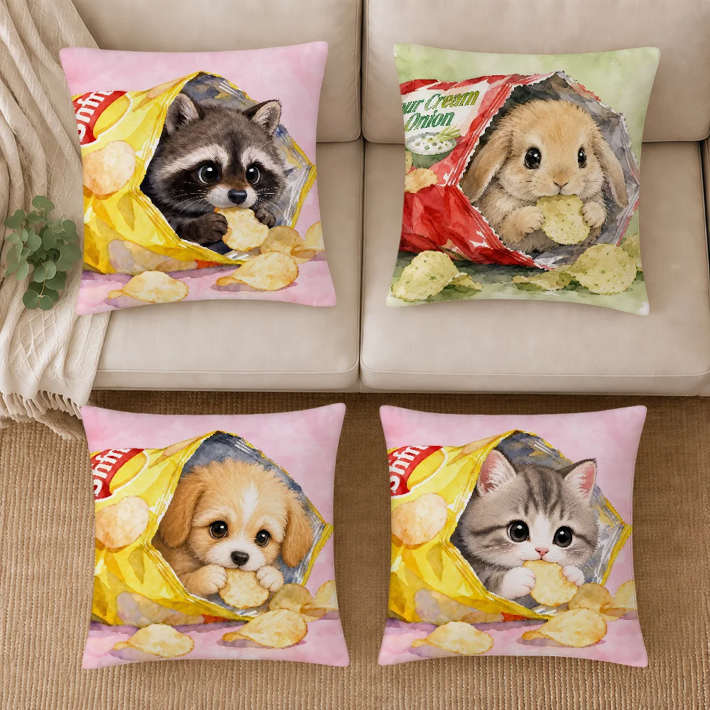 Potato Chip Raccoon Koala Rabbit Cat Dog Cute Cushion Cover Soft Pillowcase Double Sided Sofa Home Living Room Decor Hogar Gift