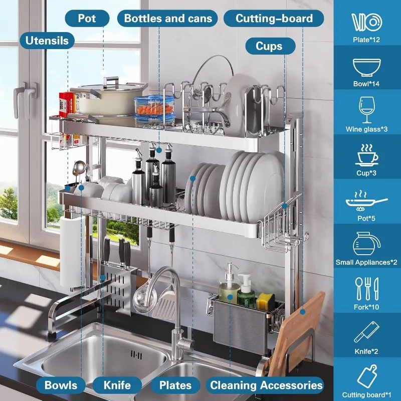 Dish drain rack above sink, three-layer drying drain rack above sink, stainless steel adjustable, with pot and pan rack