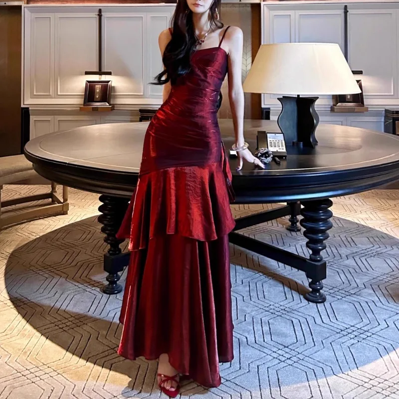 Vermelho em camadas babados vestido amarrado feminino elegante sem mangas roupas vintage senhora festa de férias streetwear chique vestidos bodycon