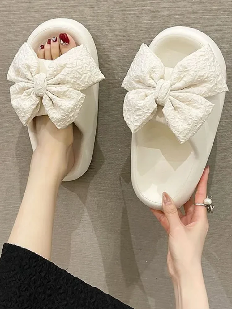 Cosay Home Floor Thick Soled Fashion Office Slippers Women Pure Color Bow Hospital Indoor Wear Height Ribbon Fit Slippers 2024