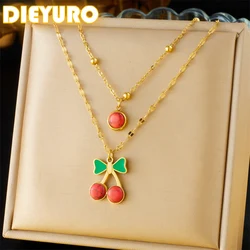 DIEYURO 316L Stainless Steel Fashion Red Turquoise Cherry Double-layer Necklace For Women Girl New Trend Neck Chain Jewelry Gift