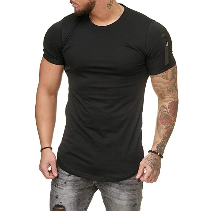 New Summer Men\'s O Neck T Shirt Fitness Bodybuilding Tshirt High Street Short Sleeved Zipper Casual Cotton Top Plus Size S-5XL