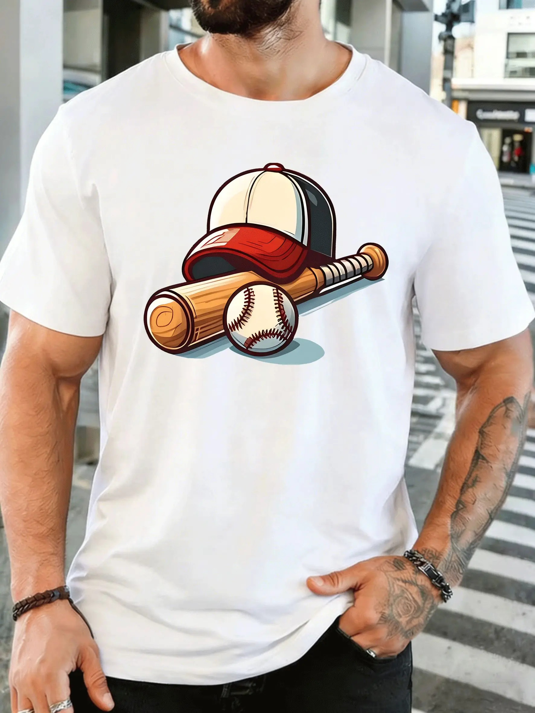 Men Short Sleeve T Shirt Baseball Bat Cap Ball Graphic Tee Sport Print Tops Summer Soft Cotton Casual Street Wear For Adult Male