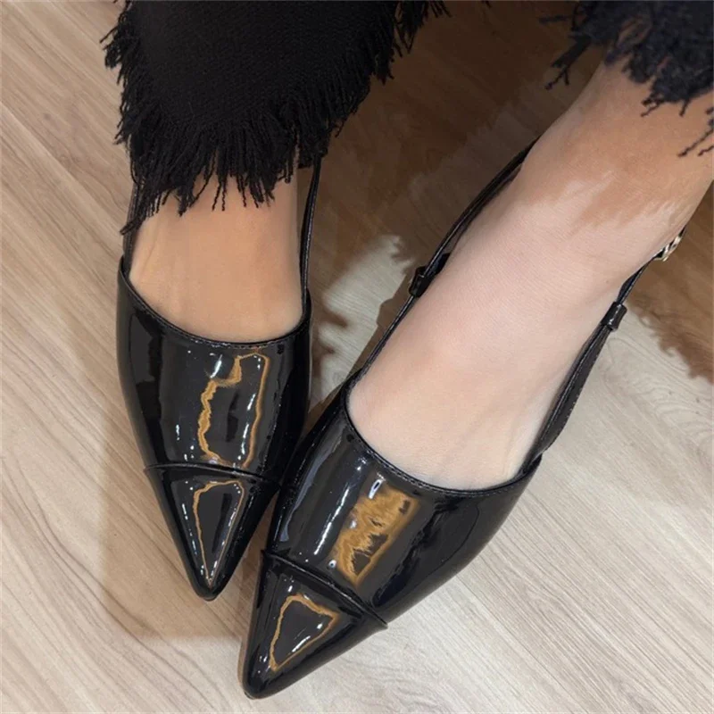 

Женские туфли-слингбэки Aneikeh из лакированной кожи, черные, на высоком каблуке, с острым носком, для вечеринок и торжественных мероприятий.