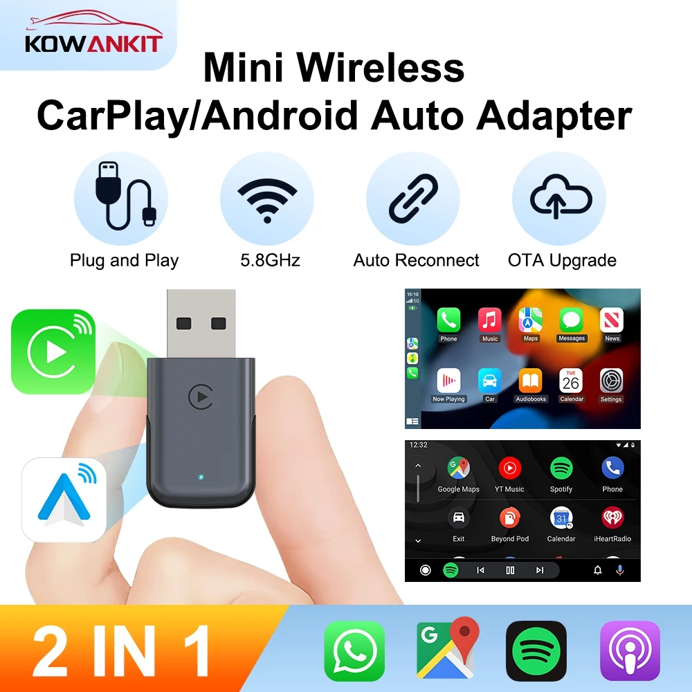 

2 in 1 Wireless CarPlay Dongle Android Auto wireless Adapter Bluetooth for Car Smart Mini AI Box Plug & Play KowanKit 2026