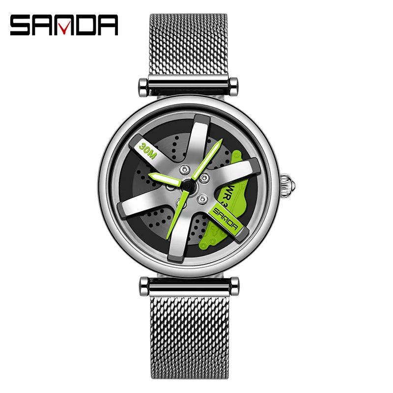 SANDA-Montres de sport étanches pour hommes, cadran de type moyeu de roue, pointeur de lueur nocturne, bracelet en maille d'acier inoxydable, couple de mode, 1075, 1073