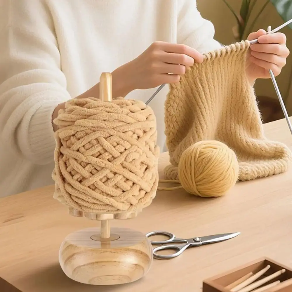 

Rotatable Design Wooden Yarn Winder Stand Reusable Space Saving Yarn Ball Holder Solid Base Smooth Rotation